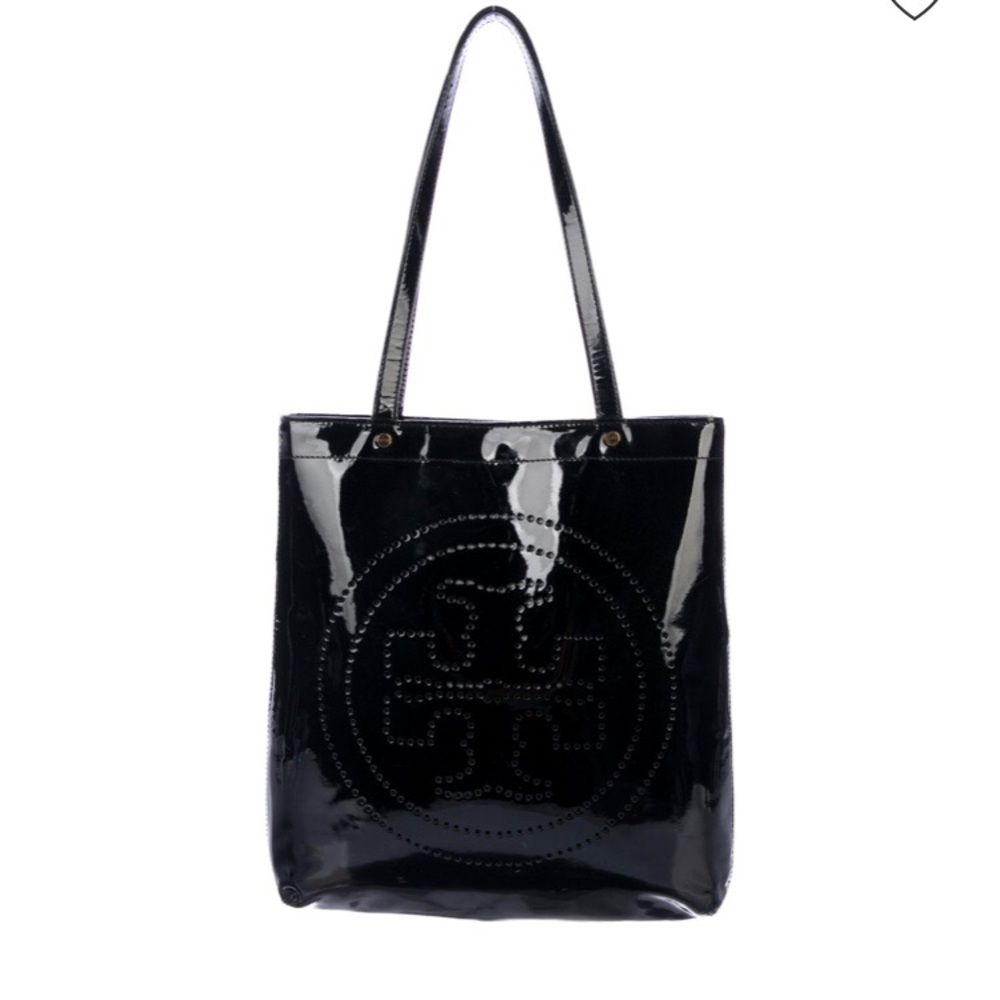 Tory Burch Black Patent Leather Embossed Logo Tote